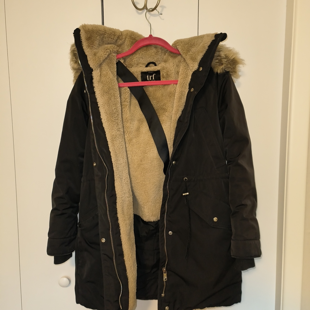 Divided Black and Tan Puffer Coat with Fur-Lined Hood